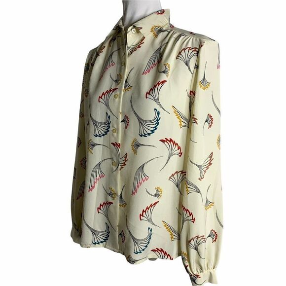 Vintage Floral Secretary Blouse M Cream Button Down Long Sleeve Triangle Scarf - Picture 6 of 9
